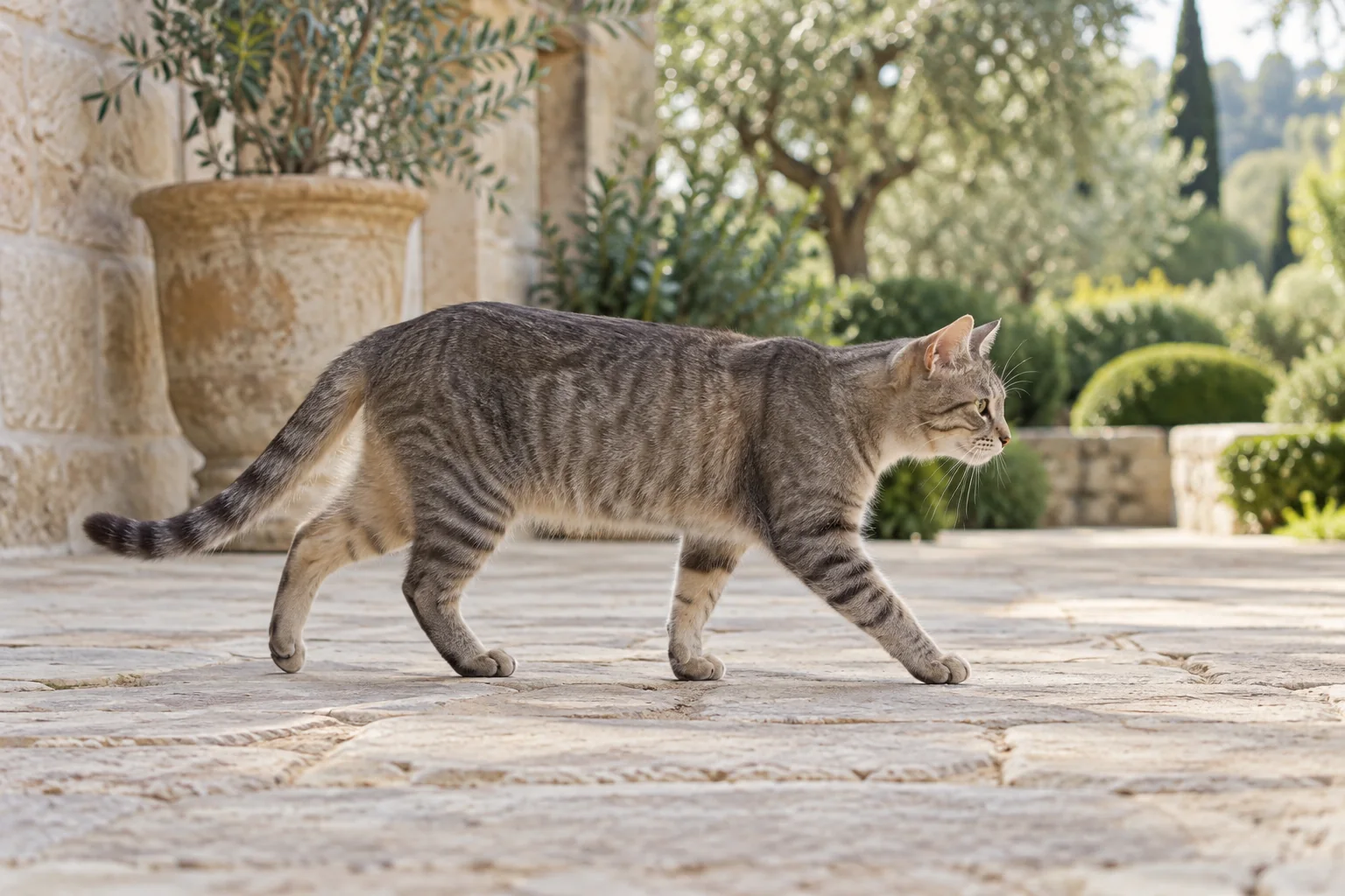 A grey tabby cat exploring a pale stone courtyard