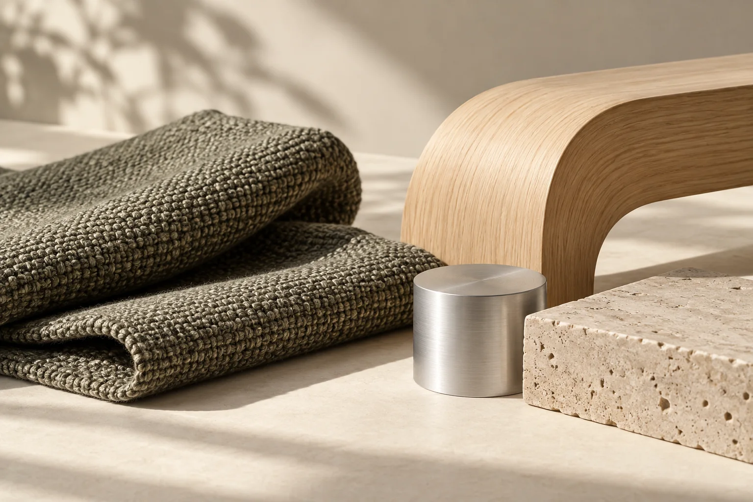 A study of natural textile, pale wood, brushed metal and stone